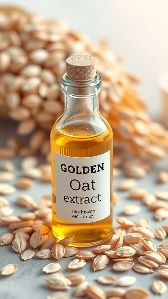 Oat Extract Benefits and Uses A bottle of oat extract with fresh oats, showcasing its natural and healthful properties.